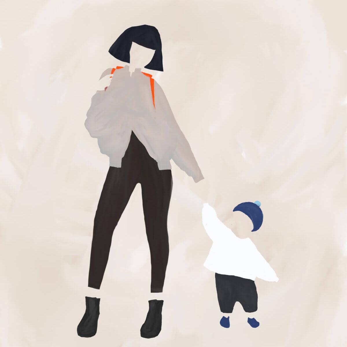 Illustration Mutter und Kind unterwegs